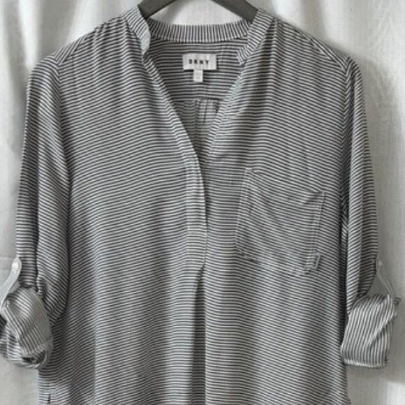 DKNY Gray & White Striped Lightweight Tunic Roll-Tab Sleeves - Picture 8 of 13